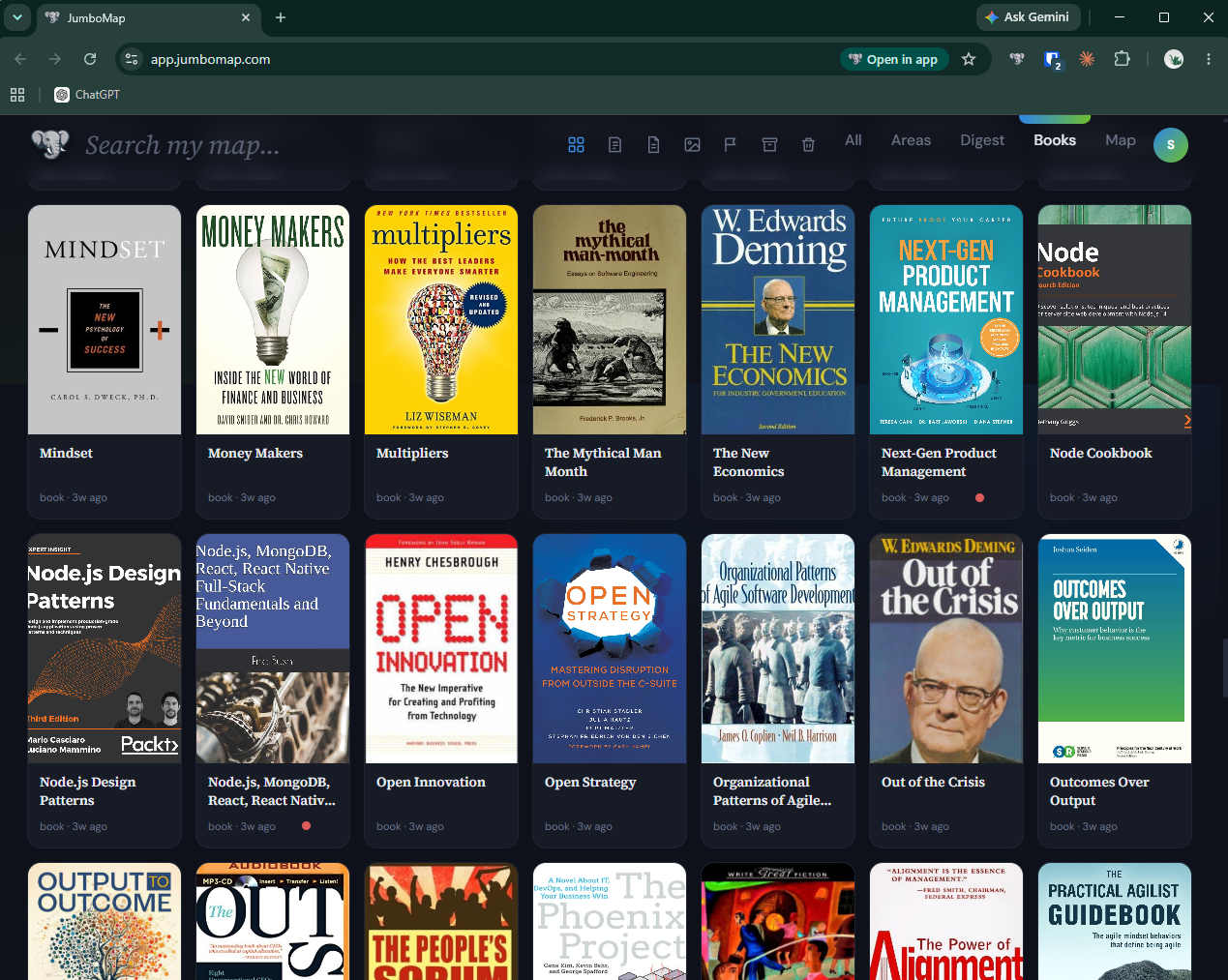 JumboMap's Books shelf showing real book covers with AI-written reports.