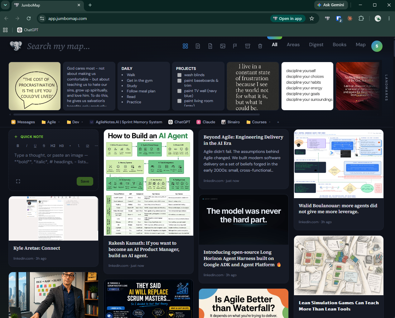 JumboMap's main view — a wall of saved articles, notes and images, with pinned Landmarks across the top.