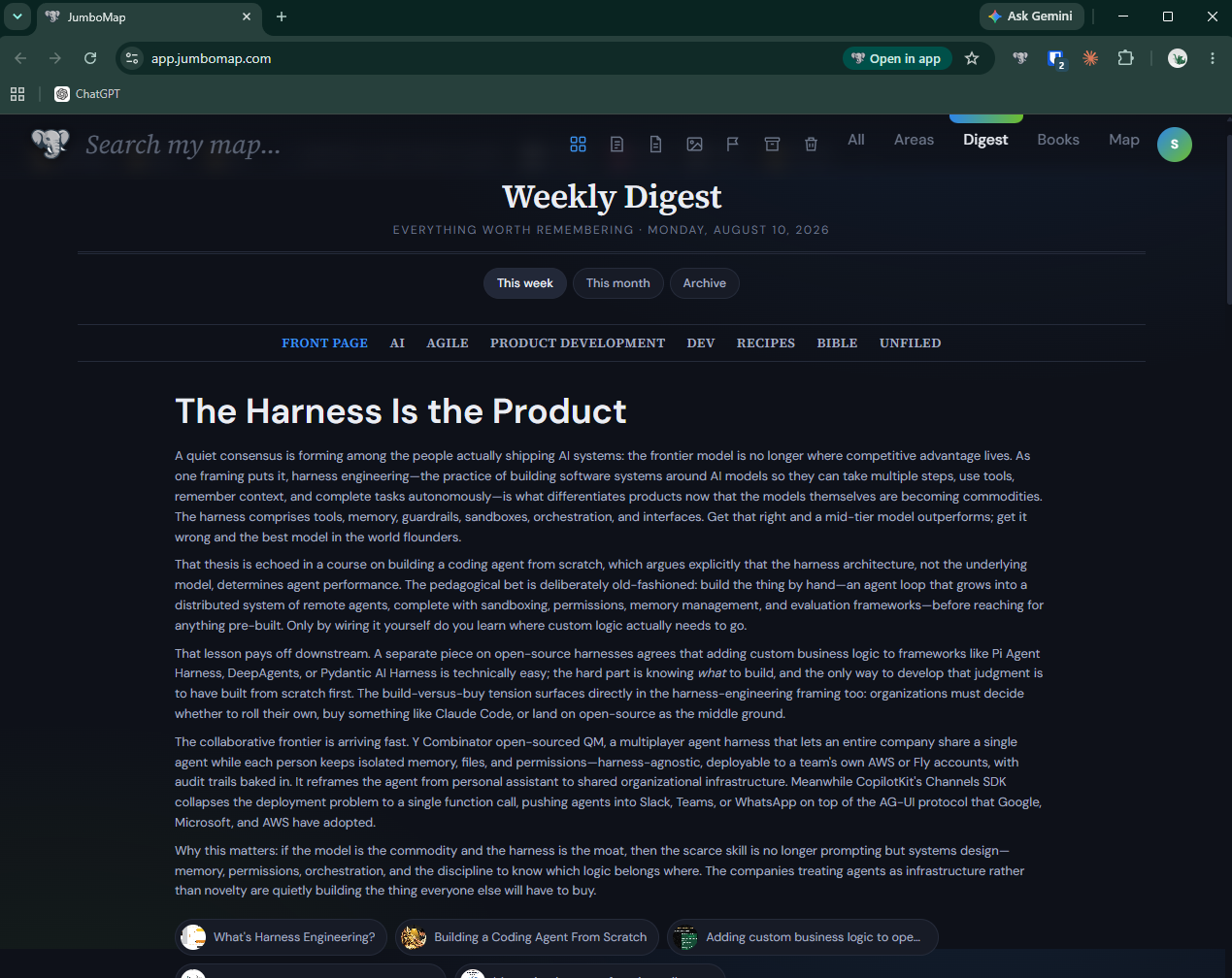 JumboMap's Weekly Digest — an AI-written newspaper of the week's saves, sectioned by Area, with an archive of past editions.