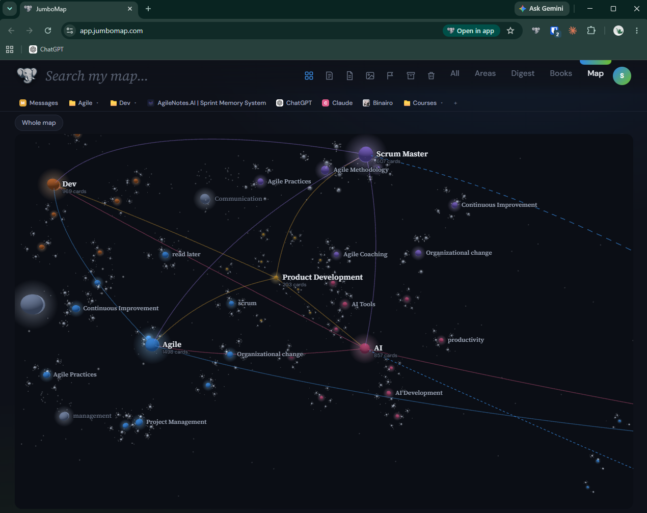 JumboMap's map — saved topics like AI, Agile and Dev laid out as a space to explore.