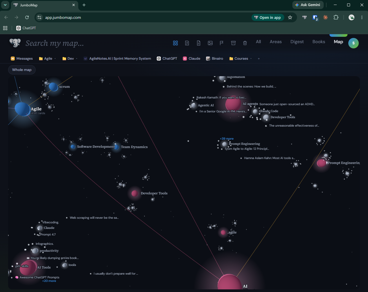 Zoomed-in view of JumboMap's map, drilling from Areas down to individual saved cards.