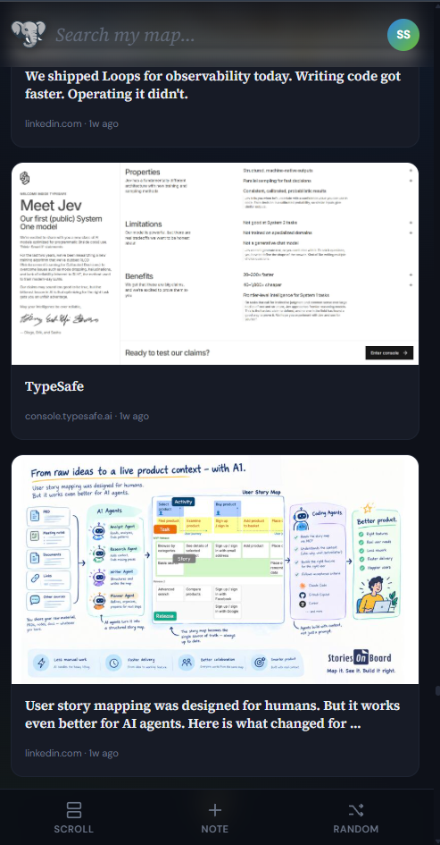 JumboMap on a phone — the same library of saves, with Scroll, Note and Random along the bottom.